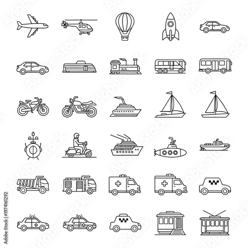 Various Transportation Vehicles Icons.