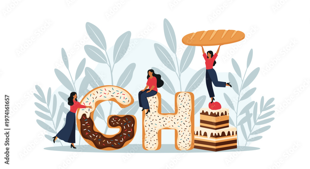 Naklejka premium Diverse group of people standing around giant alphabet letters made of sweets and pastries, celebrating a bakery theme concept.