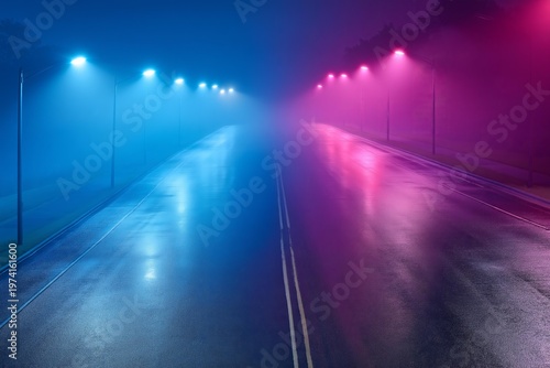 Empty road illuminated by blue and pink streetlights in dense fog