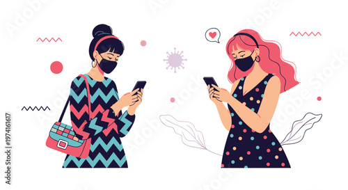 Young women wearing black protective face masks while using their smartphones in a stylish flat vector illustration for health.