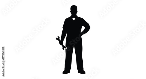 A mechanic stands holding a wrench depicted as a stark silhouette