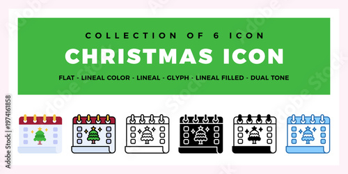 Christmas Icons Collection of 6 Flat. Lineal. and Glyph Calendar Icons