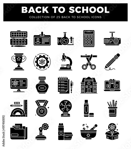 educational icons in a black and white graphic for back to school.  Various school supplies and scientific equipment are shown in a grid layout.
