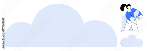Cloud computing, global connectivity, data storage, networking, environment, teamwork. Woman holding a globe with a large cloud illustration. Cloud computing and global connectivity