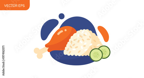 A vibrant food illustration depicts a drumstick with rice, cucumber slices, and abstract shapes, all on a white background