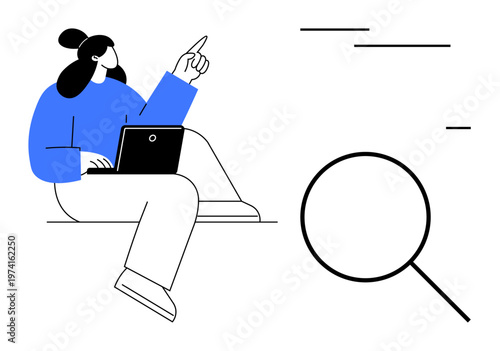 Search optimization, digital analysis, research, online learning, work from home, technology utilization. Woman sitting with laptop, pointing upward near magnifying glass. Search optimization