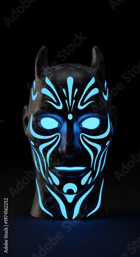 Glowing Mask of Mystical Being in Darkness.