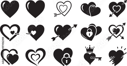 Collection of black heart icons and love symbols