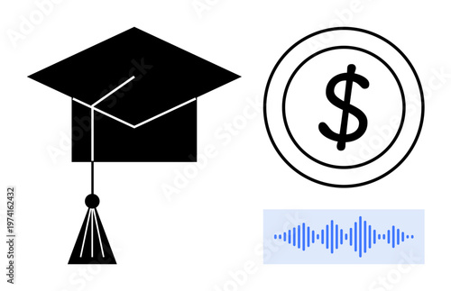 Education funding concept. Graduation cap, dollar symbol, and audio waveform visualizing financial aid, online learning, and digital education. Perfect for education, e-learning and finance . Themes