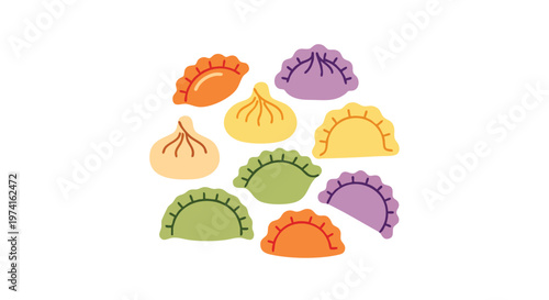 A colorful illustration featuring a collection of various dumplings in diverse shapes and vibrant hues on a white background