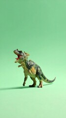 A toy dinosaur stands on a green background
