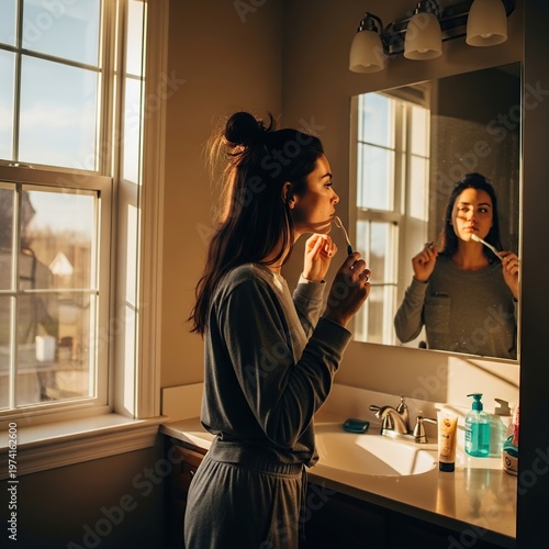 Woman Brushing Teeth in Bathroom with Natural Light.