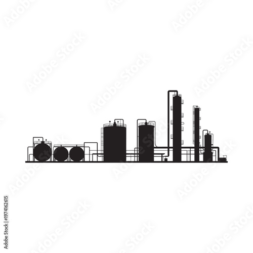 Silhouetted industrial complex featuring storage tanks pipelines and processing towers
