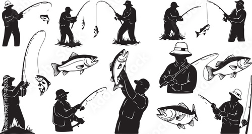 Black silhouettes of fishermen catching fish in various poses
