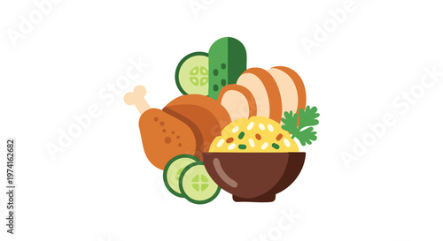 Illustration of a meal, featuring chicken, cucumber slices, and rice in a bowl, with parsley garnish, all set against white background