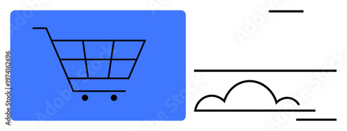 Online shopping, e-commerce platforms, digital storage, internet commerce, cloud technology, retail solutions. Shopping cart and cloud symbol on a clean background. Online shopping and e-commerce