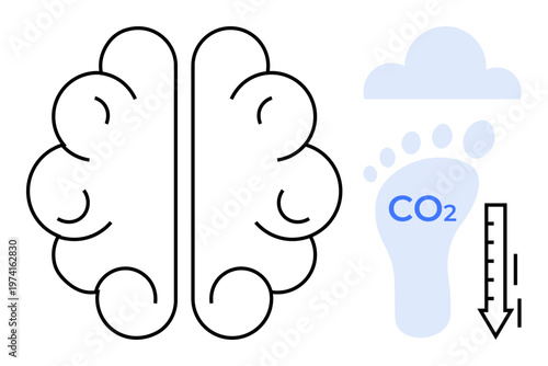Environmental awareness, sustainability, climate change, carbon reduction, ecological impact, brain and environment. Brain outline with CO2 footprint and downward arrow. Environmental awareness