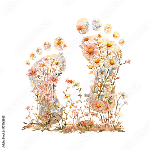 Whimsical Baby Feet with Mixed Wildflowers and Tiny Daisies for Beautiful Nursery Decor and Baby Shower Invitations