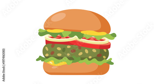 A cartoon-style illustration of a stacked burger, complete with a sesame seed bun, patty, veggies, and condiments. It's on a white backdrop