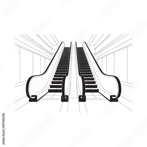 A minimalist black and white illustration of two escalators in a subway