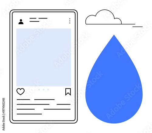 Social media, technology, environmental awareness, water conservation, digital design, online communication. Social media post interface with a large water droplet and a cloud. Social media