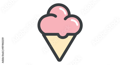 A simple, vector-style illustration of an ice cream cone with a light pink scoop and a cream-colored cone, outlined in dark gray