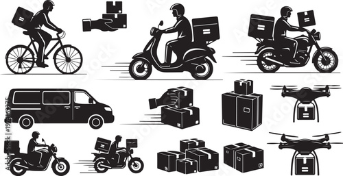 Delivery Services with Various Vehicles and Packages Icon Set
