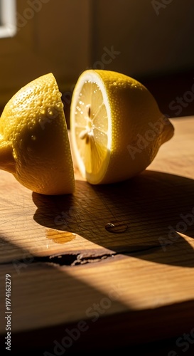 Lemon halves on wooden surface, natural light, close-up shot.