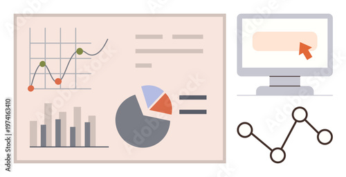 Data analytics, business insights, financial planning, technology, growth, market analysis. Bar chart, pie chart line graph network and computer screen. Data analytics and business insights