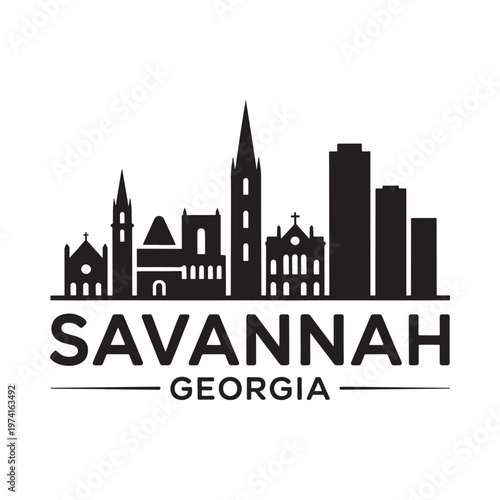 A striking black silhouette of the savannah skyline with city name