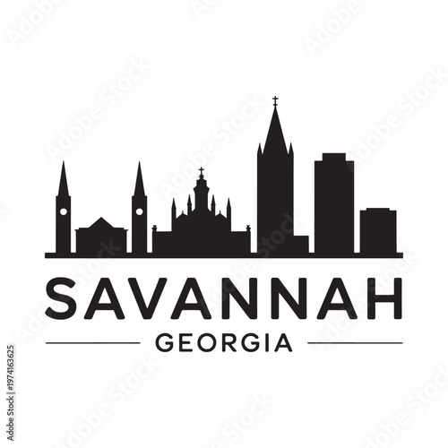 A black silhouette of the savannah skyline with the city s name below