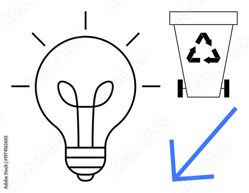 Environmental awareness, waste management, energy efficiency, sustainable living, resource conservation, ecological innovation. A lightbulb, recycling bin and blue arrow. Environmental awareness