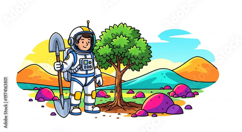 Astronaut planting a tree on an alien planet concept of space exploration and environmentalism flat vector illustration