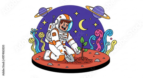 Astronaut planting a sapling on Mars symbolizing space exploration and new beginnings flat vector illustration