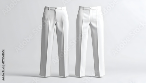 Two pairs of stark white, tailored pants are displayed upright against a pale, neutral background