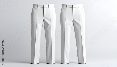 Two plain white trousers stand upright on a neutral background, front and center