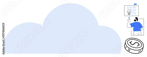 Cloud technology, remote work, innovation, financial savings, data storage, collaboration, education. Large cloud icon with coin person presenting ideas and interface elements. Cloud technology