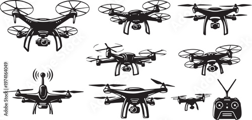 Drone designs and remote controller in black and white