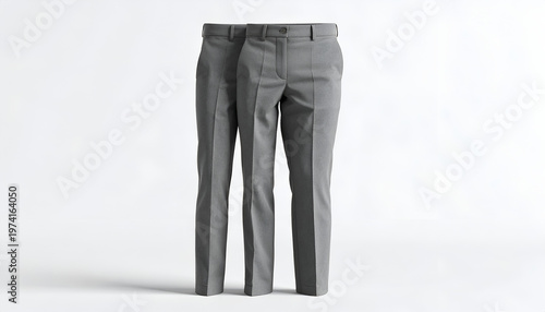 Two pairs of gray dress pants, standing upright on a white background
