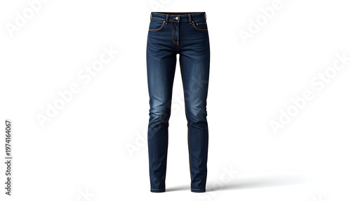 Straight-legged, dark-wash denim jeans on white background, seams detail visible