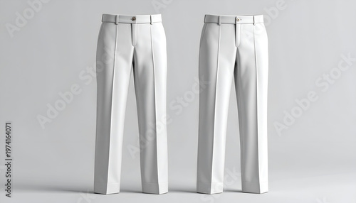 Two identical pristine white trousers side-by-side, perfectly rendered, on a plain background