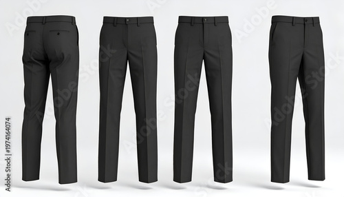 Four views showcase sleek, black, tailored trousers, front, back, and angled presentations