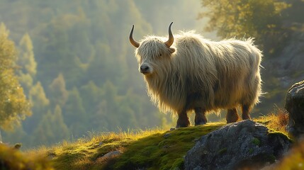 White Highland cow standing on mossy rocky hill at sunrise. Long hair backlit by golden light. Misty forest background.