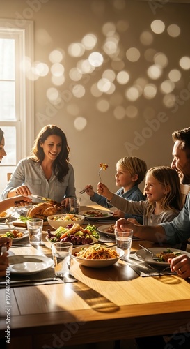 Family Gathering Around a Table Enjoying a Meal Together.