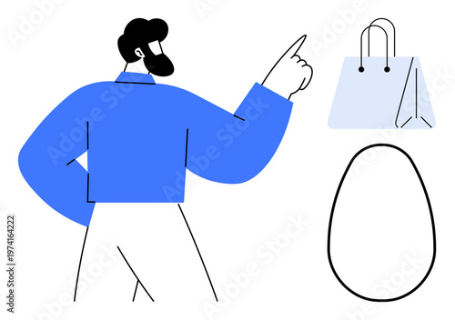 E-commerce, online shopping, retail marketing, consumer behavior, sales promotion, digital advertising. A man pointing to a shopping bag. E-commerce and online shopping concept