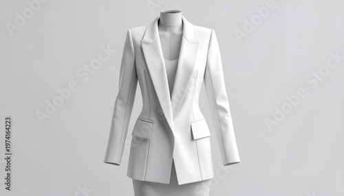 Elegant, tailored white women's suit, comprised of a blazer and skirt on a mannequin