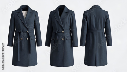 Three views of a navy blue double-breasted overcoat, front, side, and back