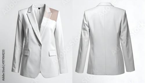 Front & back view of a white blazer. Front has tan accent. Clean, minimalist look