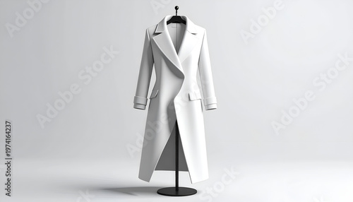 Pristine, white long coat elegantly displayed on a black hanger, studio lit