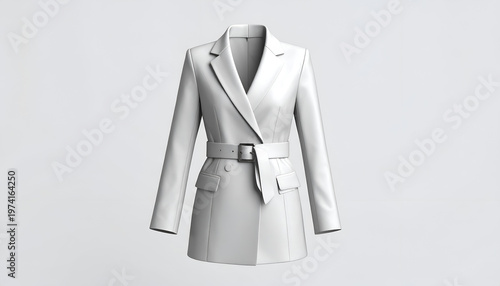 A pristine white tailored dress-blazer with a matching belt on a neutral background